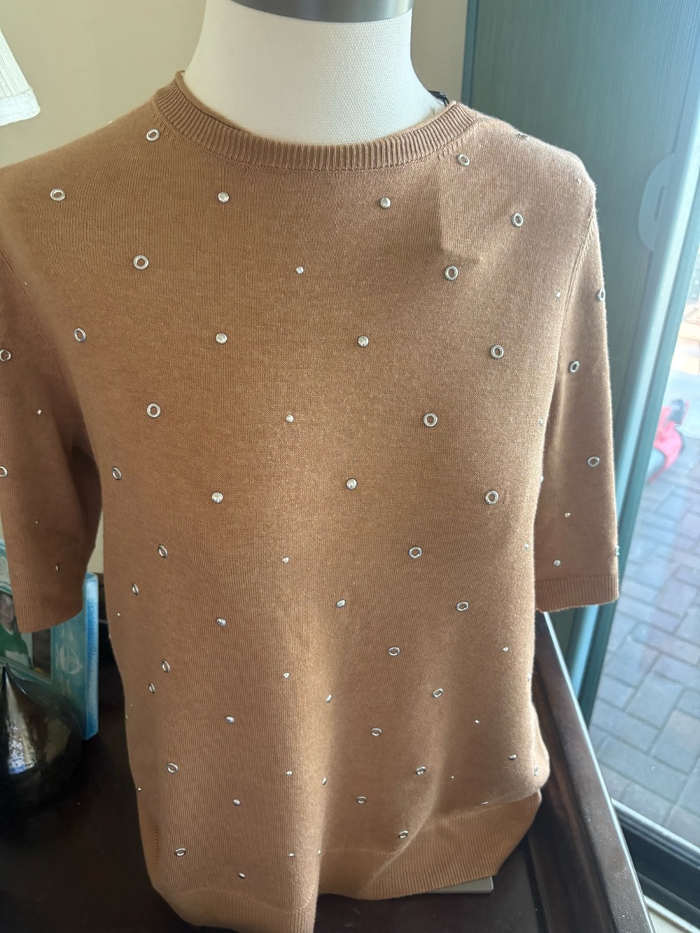 Chico's Warm Camel Knit Short-Sleeve Crewneck